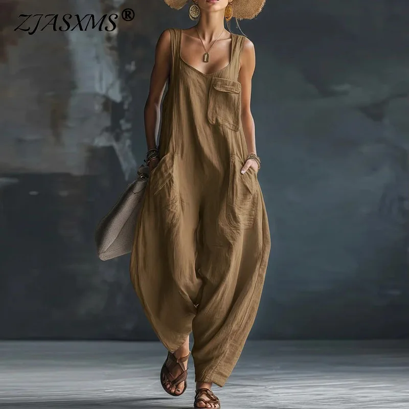 Elegant Square Collar Hollow Women's Jumpsuits 2026 Spring Solid Sleeveless Office Rompers Summer Baggy Trousers Pocket Overalls