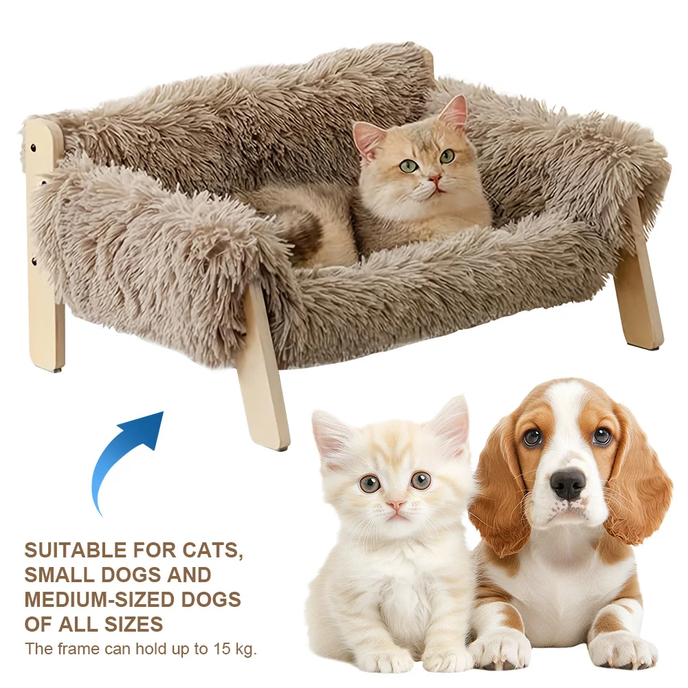 Elevated Pet Sofa Lounging Bed & Removable Cover Wooden-Leg Sofa Plush Bed Pet Couch Bed Load Capacity of 15 Kg for Indoor