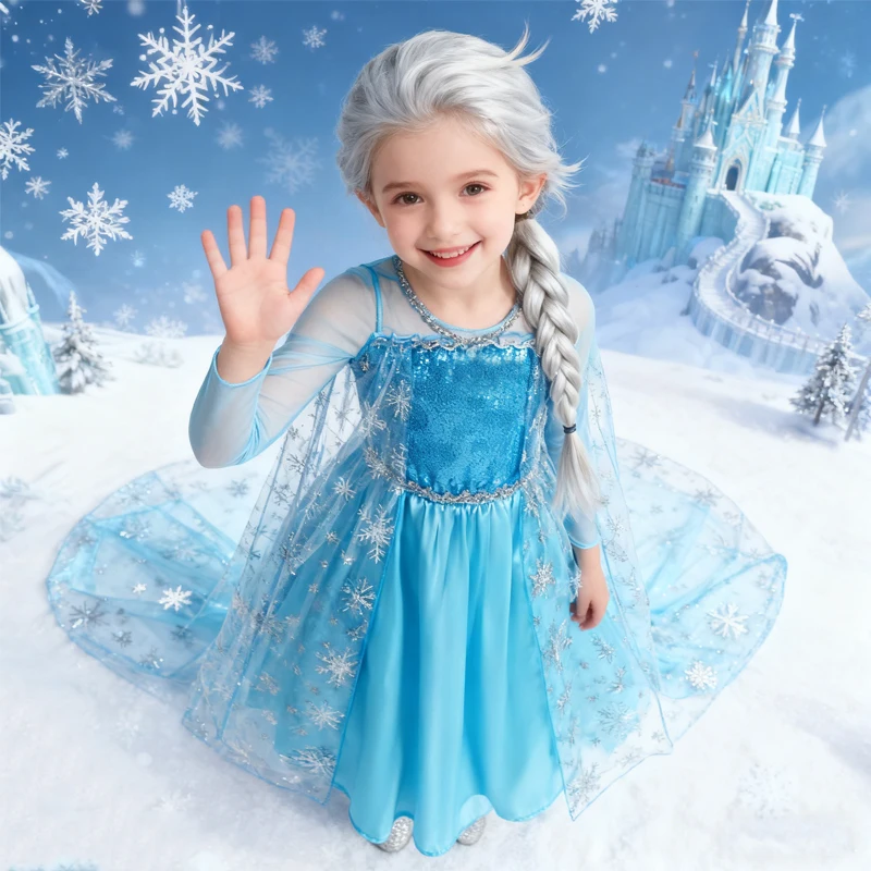 Elsa Dress Cosplay Princess Dress Light Blue Long Sleeve Sequin Children Dresses Carnival Party Evening Dress Dress For Girls