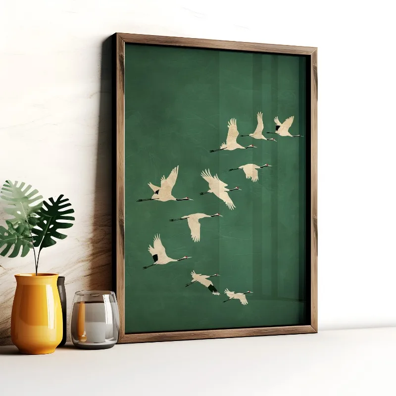 Emerald Green Cranes Poster Gold Accents Japanese Large Bird Artwork Canvas Painting Wall Art for Living Room Home Decor Gift