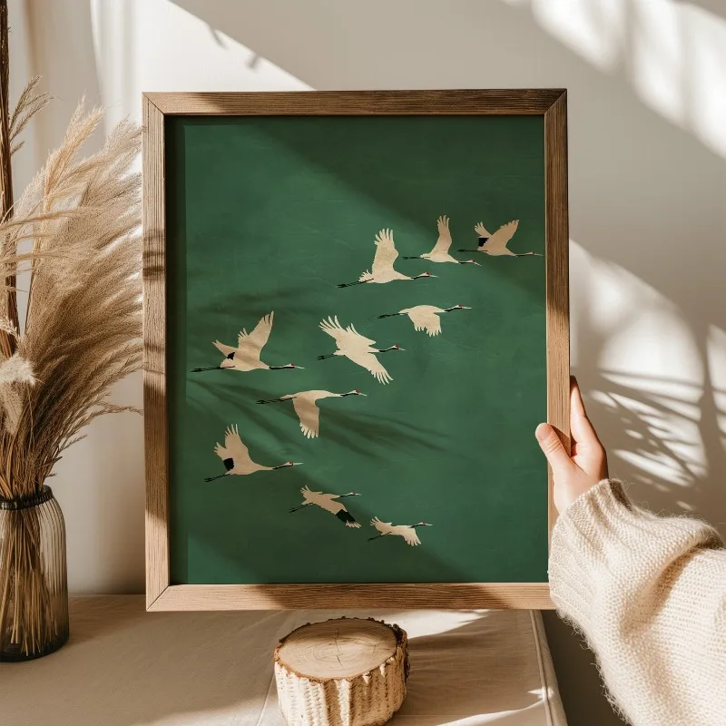 Emerald Green Cranes Poster Gold Accents Japanese Large Bird Artwork Canvas Painting Wall Art for Living Room Home Decor Gift