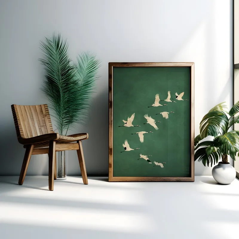 Emerald Green Cranes Poster Gold Accents Japanese Large Bird Artwork Canvas Painting Wall Art for Living Room Home Decor Gift