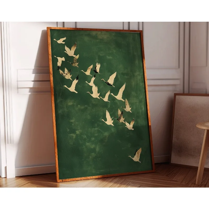 Emerald Green Cranes Poster Gold Accents Japanese Large Bird Artwork Canvas Painting Wall Art for Living Room Home Decor Gift