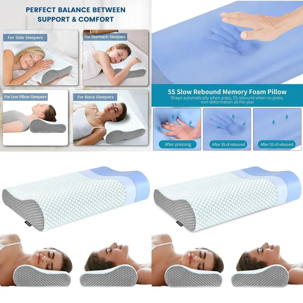 Ergonomic Memory Foam Neck Pillow for Cervical Support and Pain Relief - Suitable for All Sleep Positions (Blue & Grey)