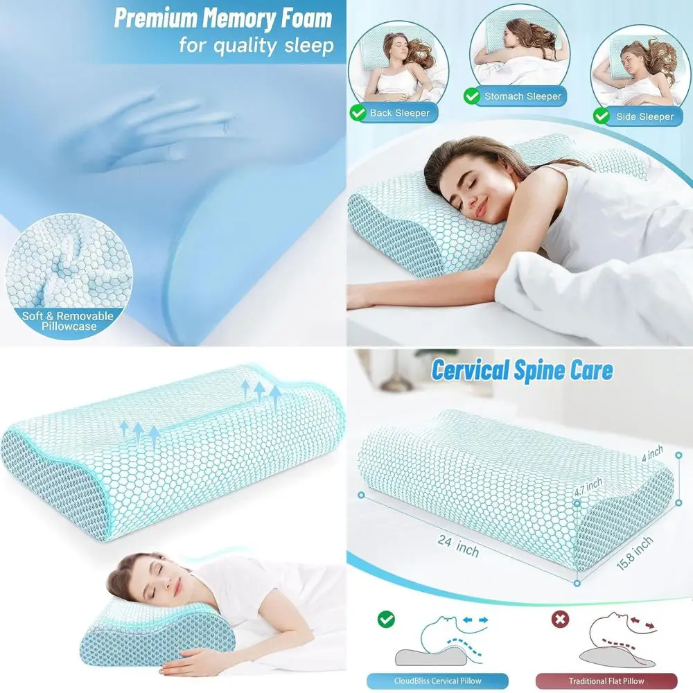 Ergonomic Memory Foam Neck Pillow for Pain Relief and Comfortable Sleep (Blue, Standard)