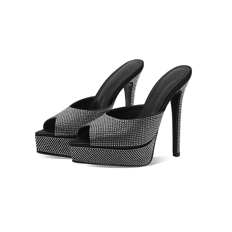 European AndAmerican Sexy Rhinestone High-heeled Thicksoled Genuineleather Fishmouth Slippers Withladies' Temperament Partyshoes