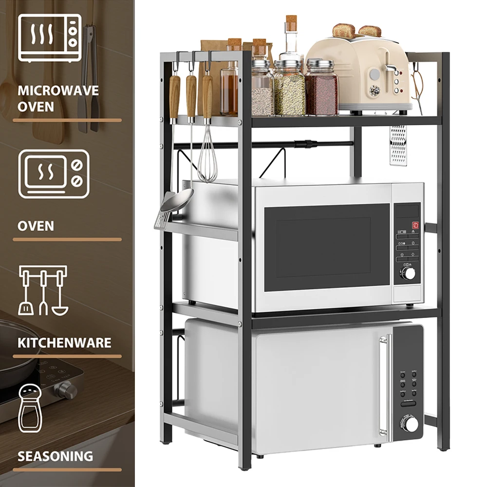 Extendable Microwave Rack, 3 Tier Microwave Rack with 6 Hooks, Microwave Rack, Kitchen Countertop Organiser