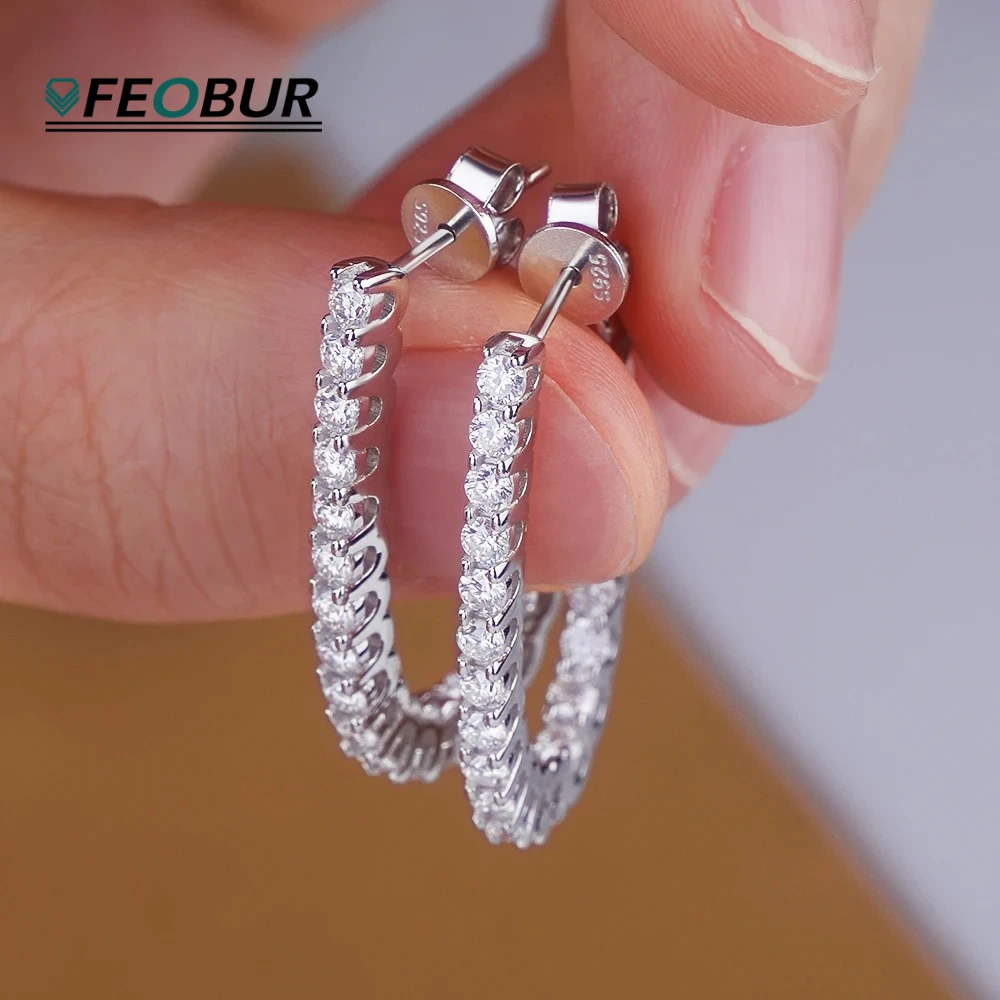 FEOBUR 1.8CT All Moissanite Hoop Earrings Pure 925 Silver Certified Sparkling Lab Diamond Ear Hoops for Women Party Jewelry Gift
