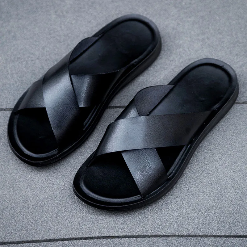 FUQIAO Summer Sandals Men Leather Classic Roman Open-toed Slipper Outdoor Beach Rubber Summer Shoes Flip Flop Water Sandals