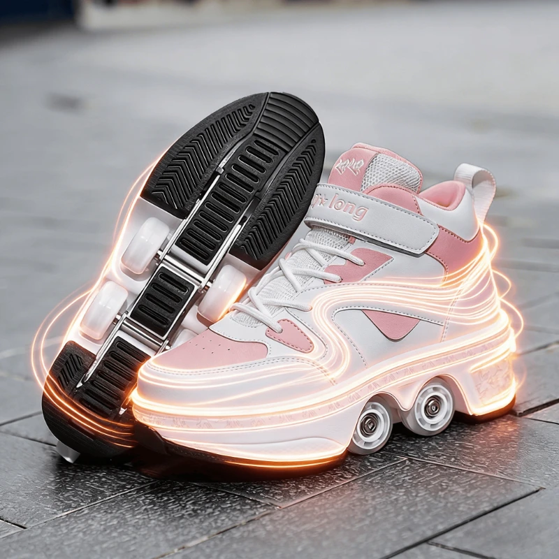 Factory Direct Safe Kids Roller Skates 6-15Y 4-Wheel Deformable Walk Skate Anti-Slip Girls Runaway Shoes Cross-Border In Stock