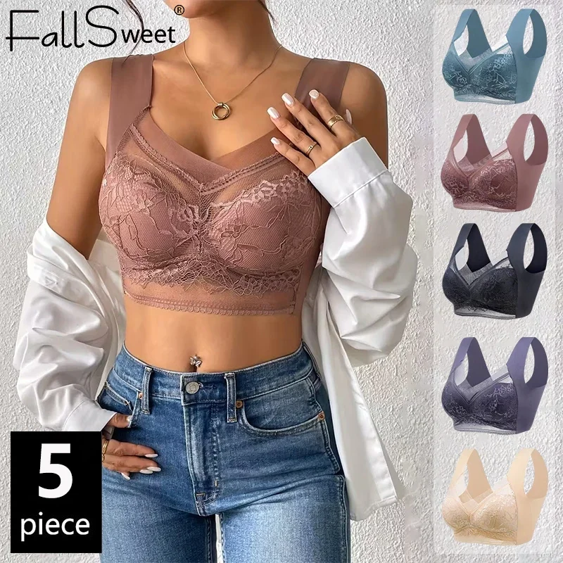 FallSweet 5PCS Plus Size Bras for Women Lace Wireless Push Up Bralette Ice Silk Deep V Comfortable Mom Lingerie Underwear L-5XL