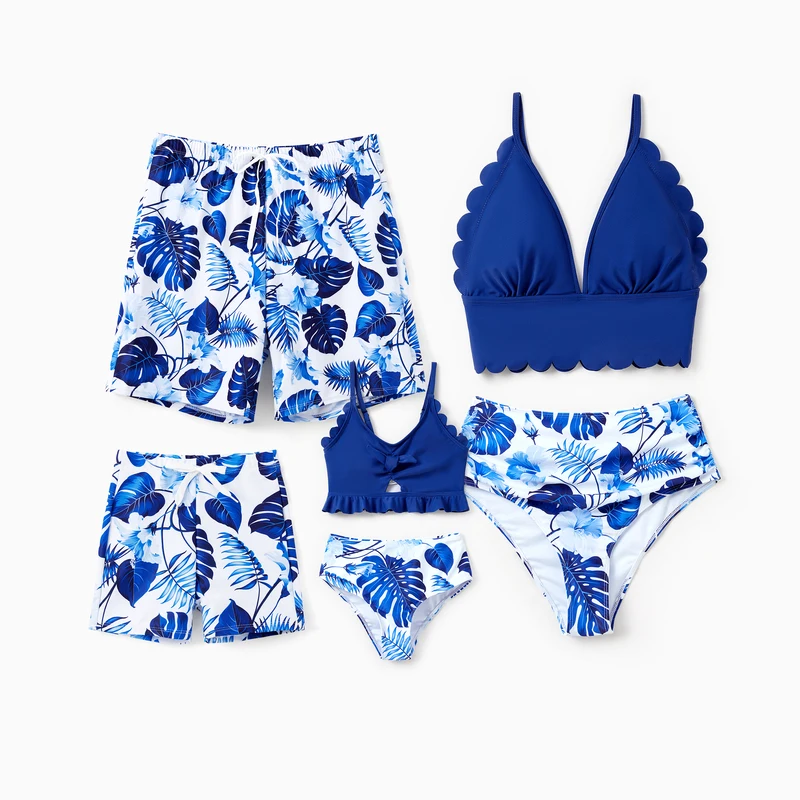 Family Matching Blue Tropical Leaf Swimwear Set Dad Boy Board Shorts & Mom Girl Bikini Sets