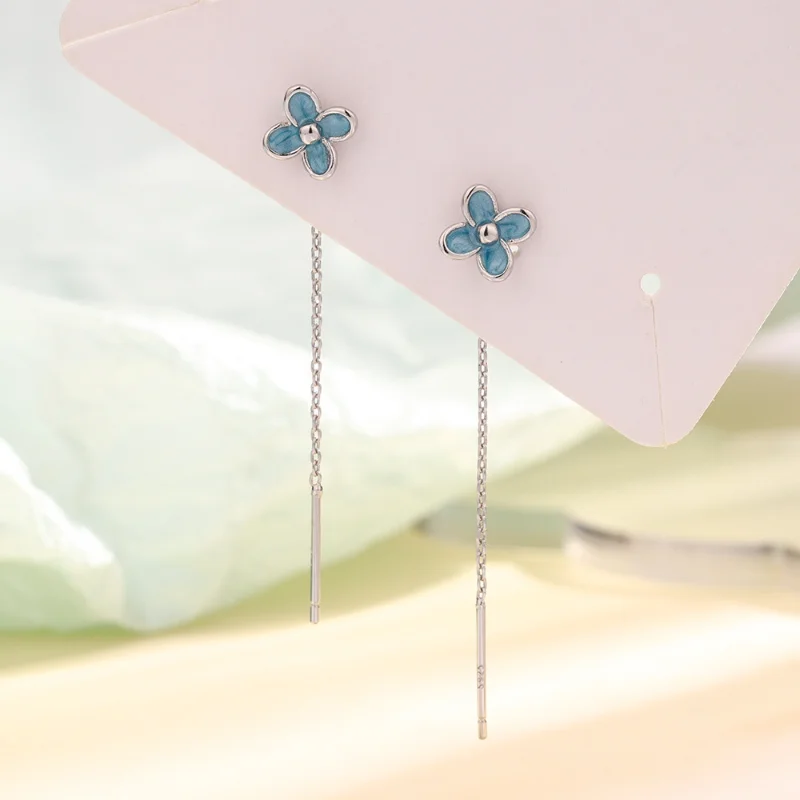 Fashion Blue Four-leaf Flower Ear Line Gentle Temperament New Small Fresh Blue Lucky Flower Tassel Earrings Jewelry