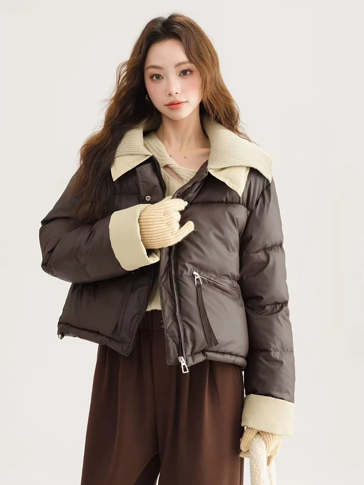 Fashion Lapel Short Parka Women Y2K Winter Warm Fluffy All Match Down Cotton Jacket Korean Streetwear Loose Patchwork Outerwear