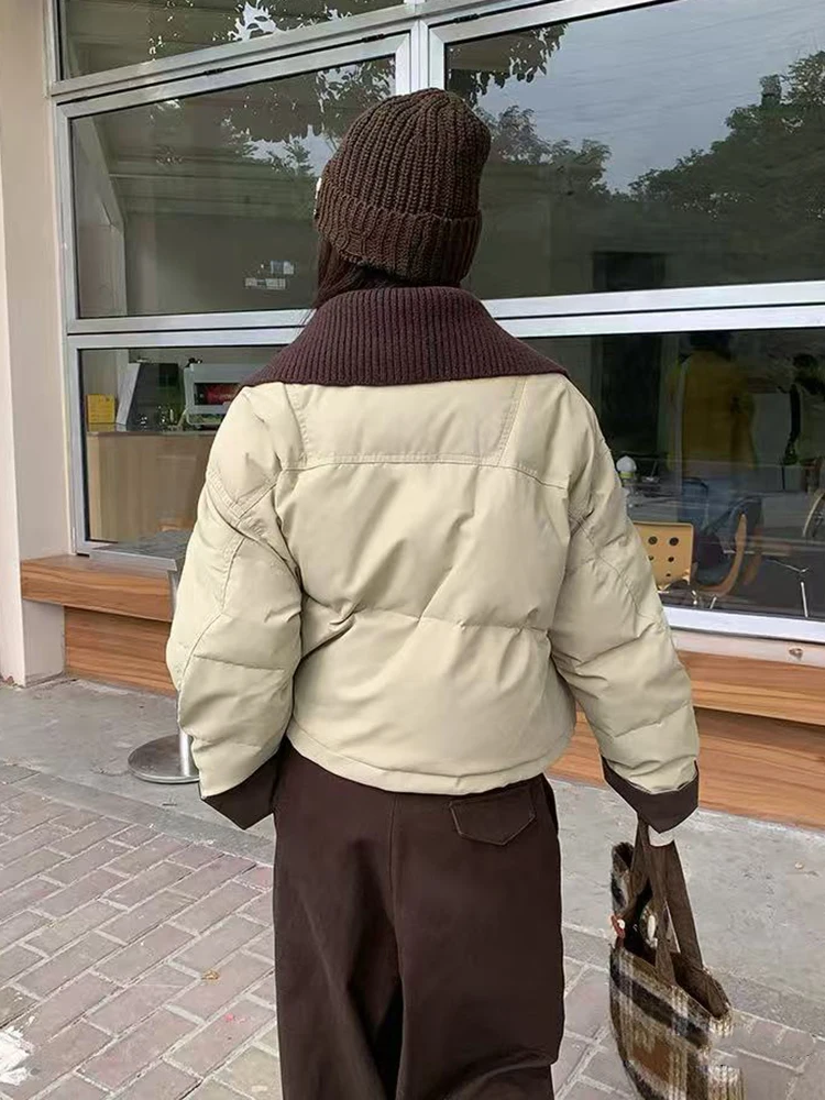 Fashion Lapel Short Parka Women Y2K Winter Warm Fluffy All Match Down Cotton Jacket Korean Streetwear Loose Patchwork Outerwear