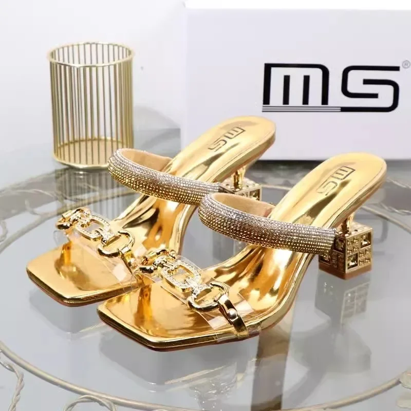 Fashion Slippers Summer New Square Head Shallow Mouth Crystal Metal Buckle Transparent Strap Non-slip High-heeled Sandals