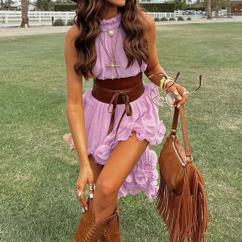 Fashion Summer Bohemian Beach Outfit Casual O Neck Sleeveless Top+Skirt Holiday Suit Chiffon Ruffle Irregular Women 2 Piece Set