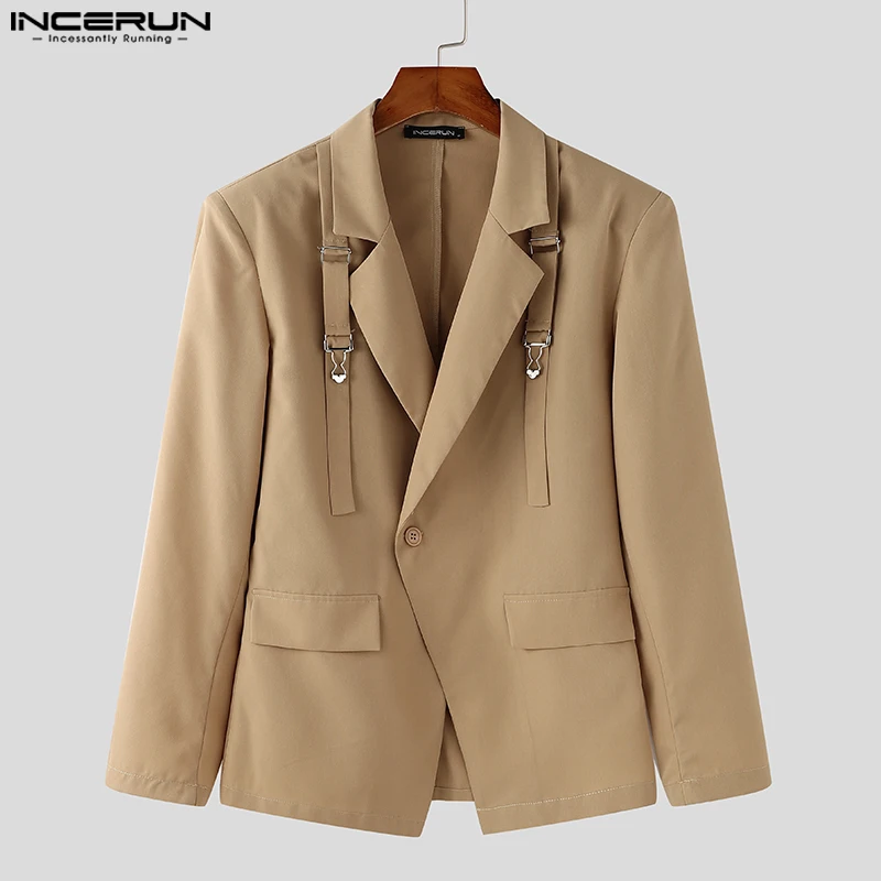 Fashion Well Fitting Tops INCERUN New Men's Deconstruct Metal Buckle Suit Coat Casual Streetwear Male Solid Long Sleeved Blazer
