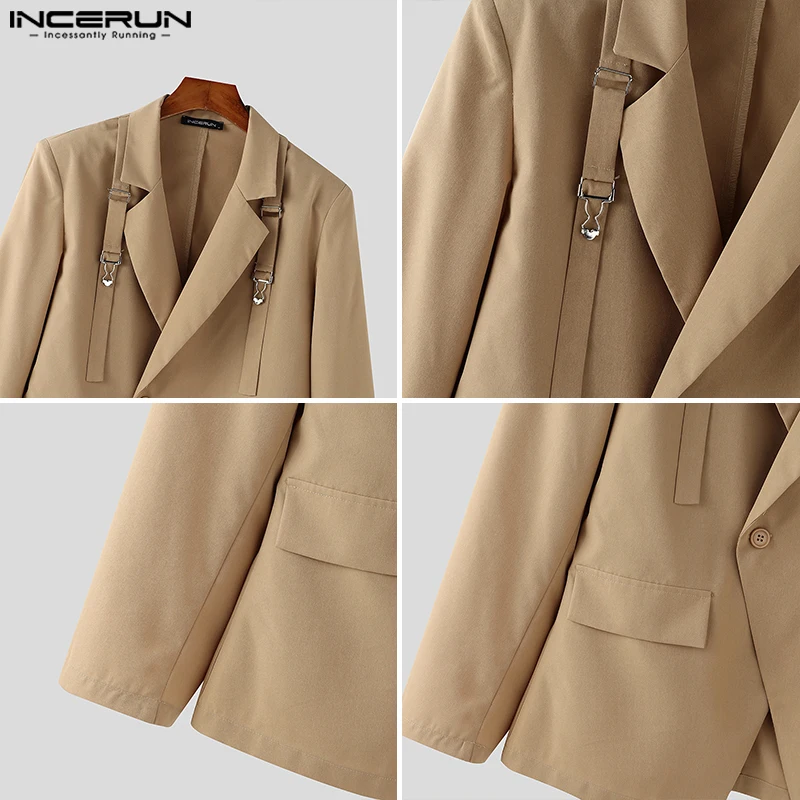 Fashion Well Fitting Tops INCERUN New Men's Deconstruct Metal Buckle Suit Coat Casual Streetwear Male Solid Long Sleeved Blazer
