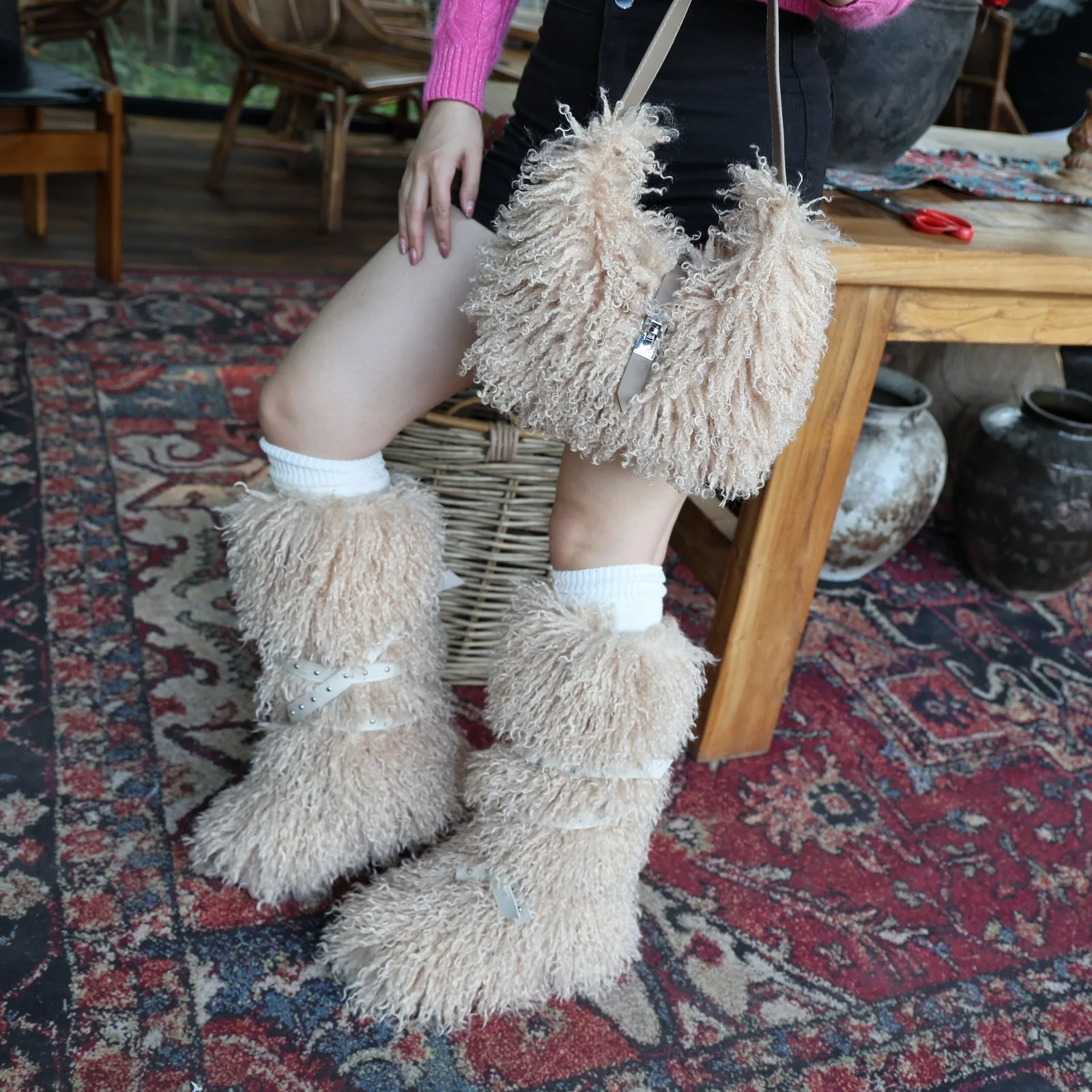 Fashion Winter Lamb Skin Snow Boots Long Hair Faux Mongolian Sheep Fur Boots Cover