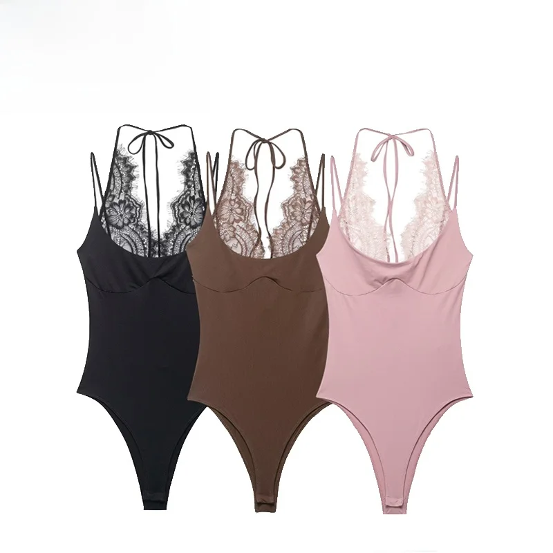 Fashionable Lace Trim Jumpsuit Neck Hanging Design Polyester Fiber Commute Style mid Waist Short Pants Spring Season