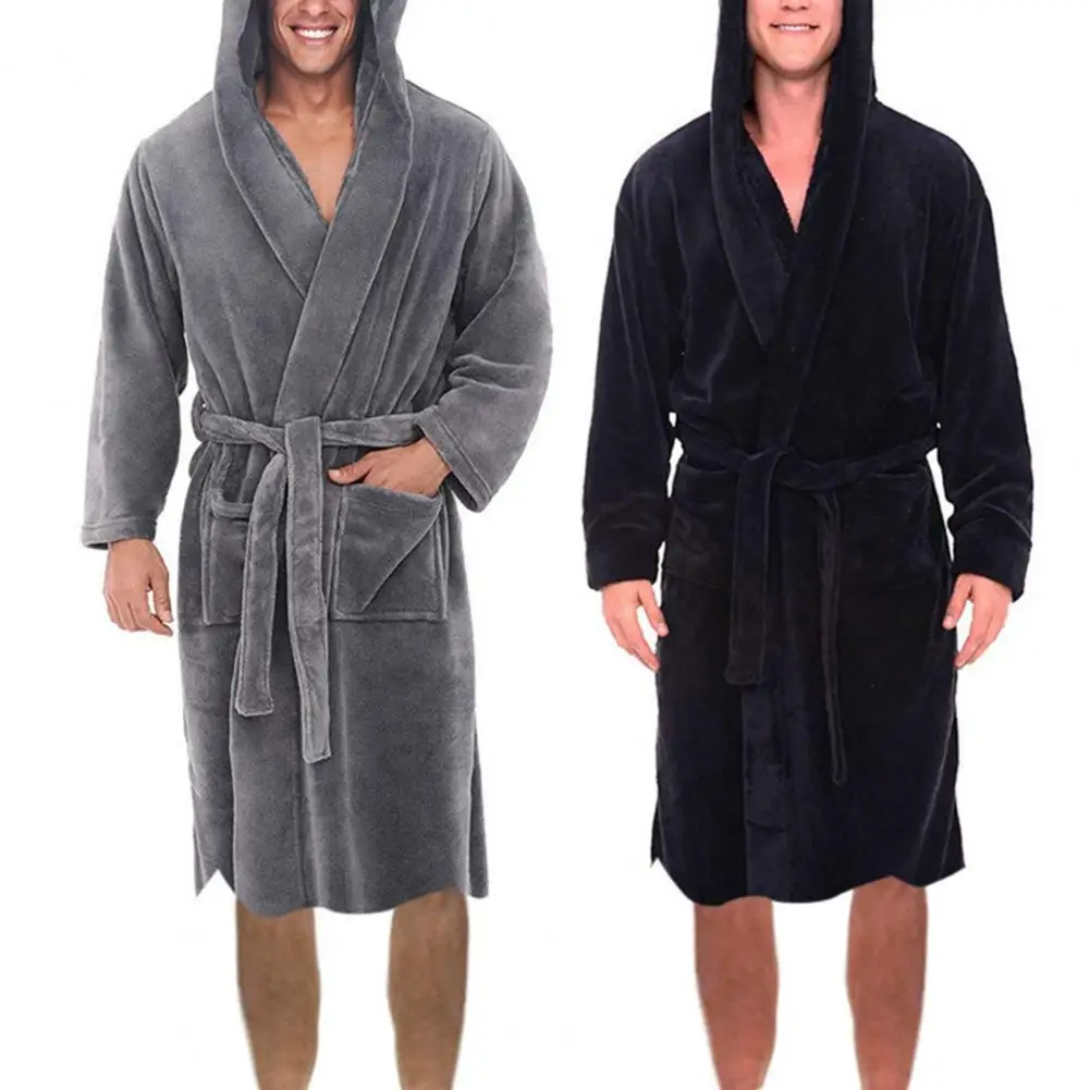 Fleece Nightgown Plush Bathrobe Long Sleeve Pocket Belt Solid Men Bathrobe Winter Warm Hooded Long Fleece Home Gown Sleepwear