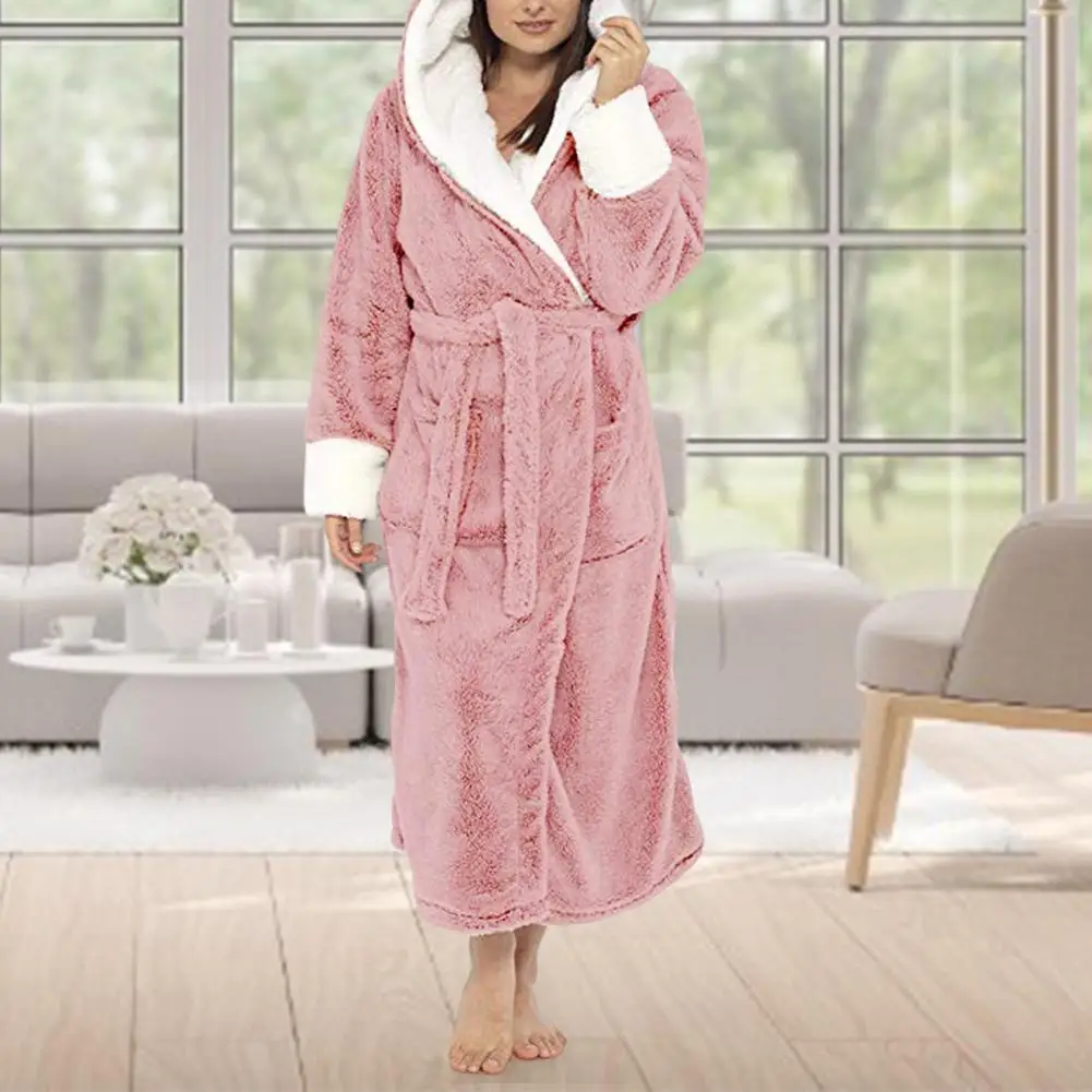 Fleece Women Nightgown Thicken Hooded Plush Warm Woemn Bathrobe Loose Tight Waist Velvet Twisted Thermal Homewear Winter Nightie