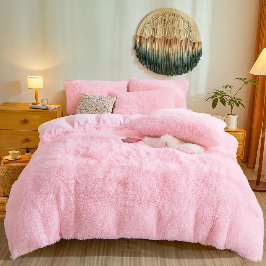 Fluffy Pink Comforter Cover Queen Set Plush Faux Fur Pink Bedding 3Piece Set 1 Faux Fur Duvet Cover 2 Furry Pillow Shams Cozy Fl