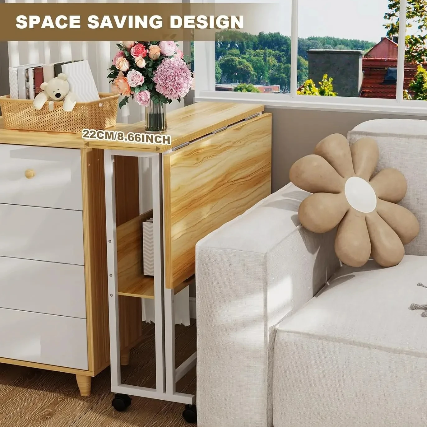 Folding Desk Small Rolling Desk with 31.5 Inch Foldable Computer Table Storage Shelf for Small Spaces Space Saving Sofa Table