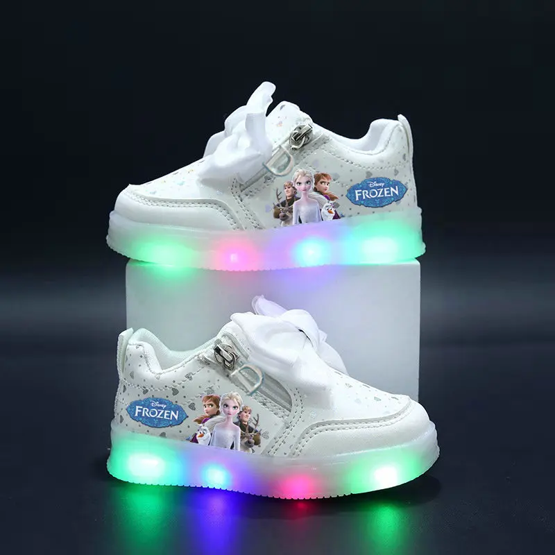 Frozen Girls' LED sneakers Children's luminous shoes Anna Elsa Kids Casual Shoes Girls Cute Cartoon Comfortable Board Shoes 1-5Y