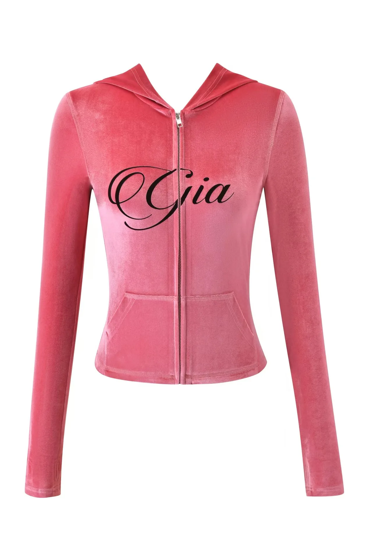 GIA New Fashion Solid Color Velvet Zip-Up Hooded Jacket & Casual Relaxed Slim-Fit Long Pants Minimalist Two-Piece Set in Pink