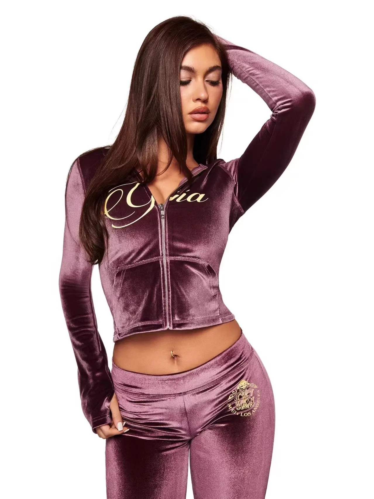 GIA New Stylish Coffee-Colored Velvet Zip-Up Hooded Jacket & Relaxed Slim-Fit Pants Comfortable Minimalist Set