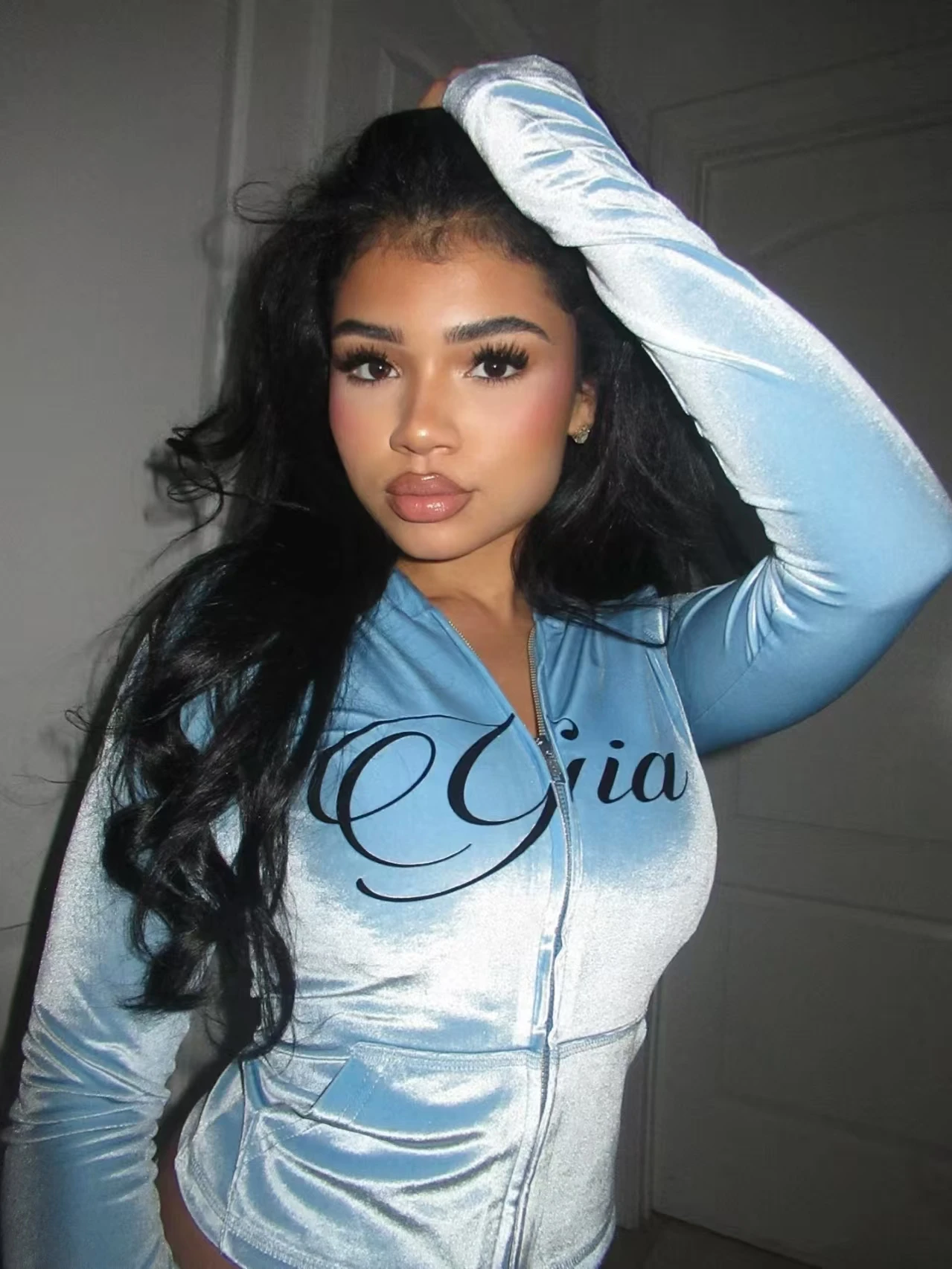 GIA New Velvet Zip-Up Hooded Jacket & Relaxed Loose Slim-Fit Pants Comfortable Minimalist Set in Blue