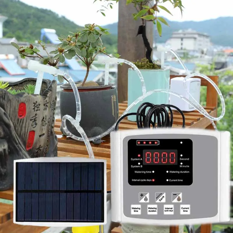 Garden Adjustable Valve Drip Irrigation Device Double Pump Controller Timer System Solar Energy Intelligent Automatic Watering
