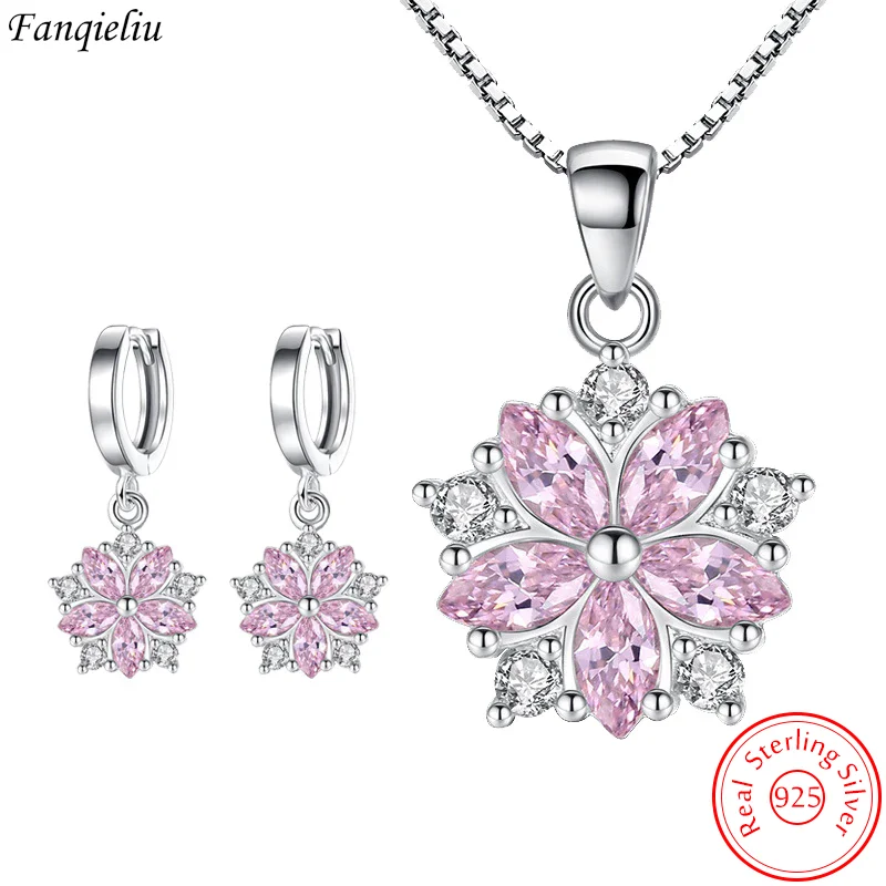 Genuine 925 Sterling Silver Vintage Flower Earrings Crystal Pendant Necklace Jewelry Set For Women New FQL22184