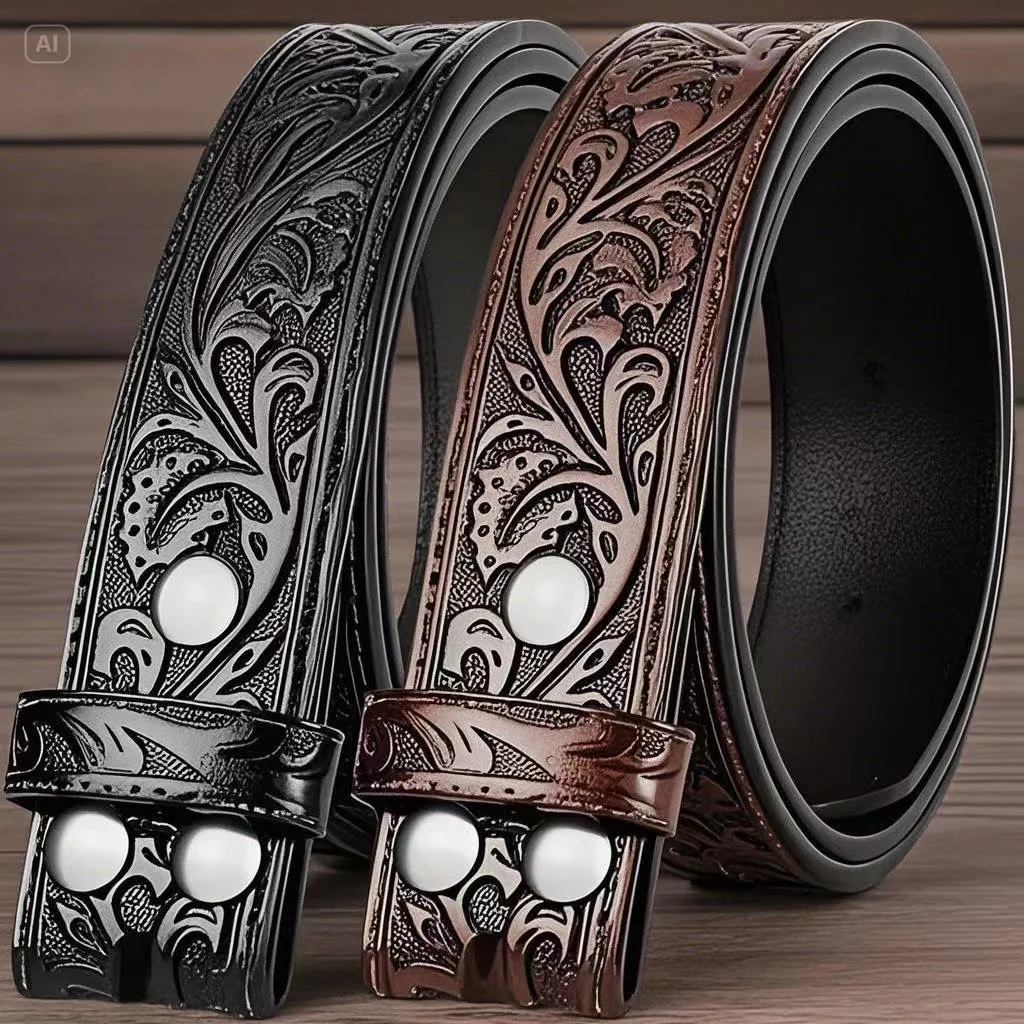 Genuine Leather retro men's and women's belt embossed pure cowhide retro nostalgic belts for women versatile jeans Western style