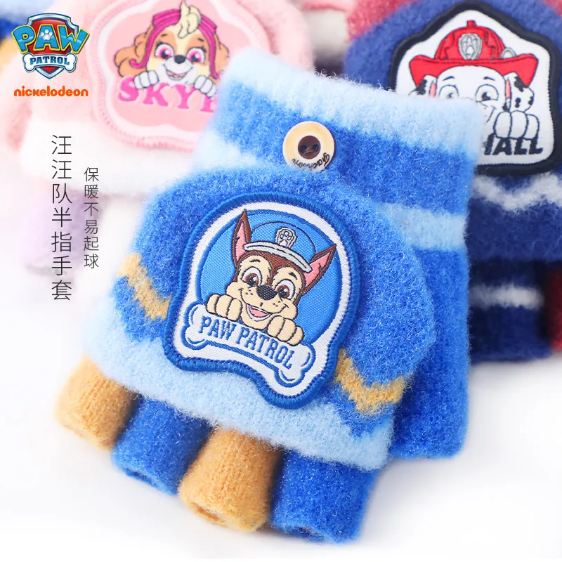Genuine Paw Patrol Baby's Winter Knitted Gloves Flip Fingerless Mittens Kids Cartoon Chase Skye Warm Half-Finger Gloves 2-6T