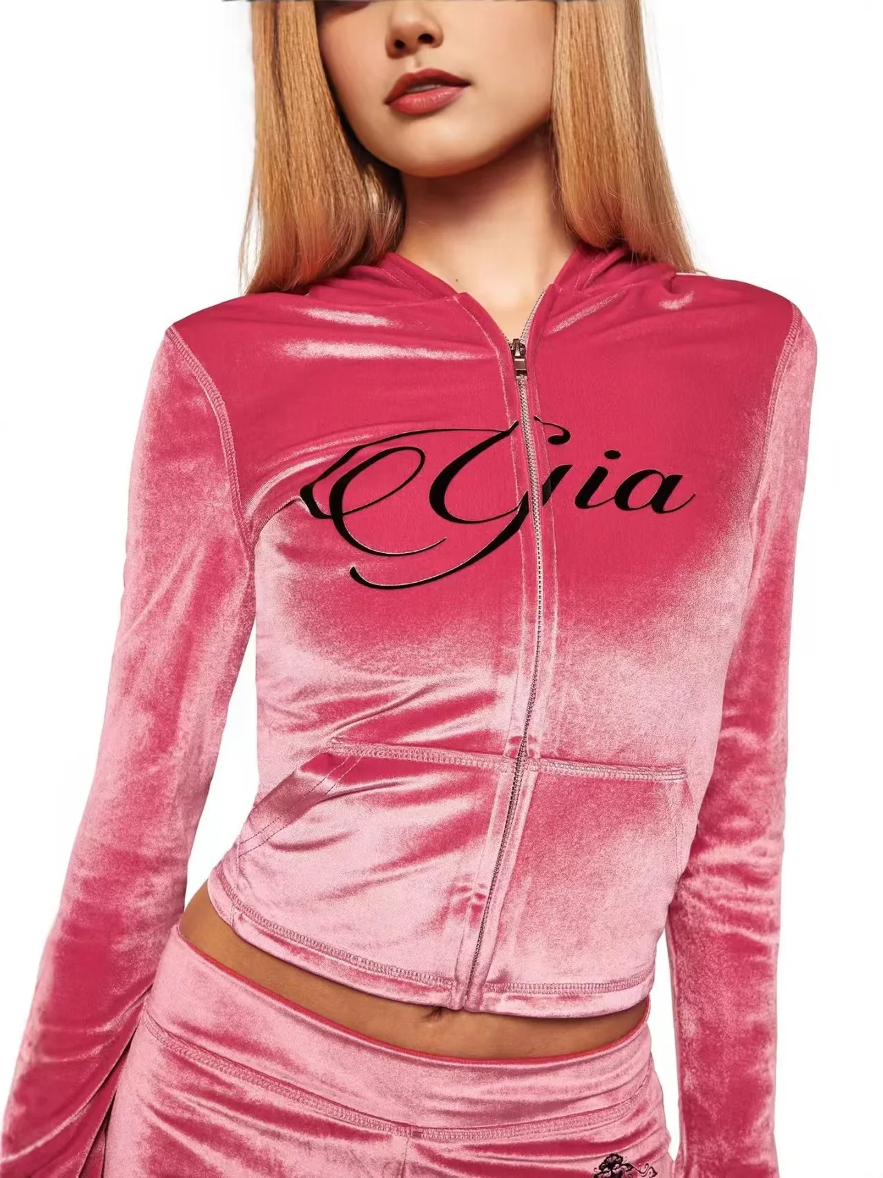 Gia new fashionable rose red velvet solid color zipper hooded jacket, casual slim fit pants, minimalist set for women