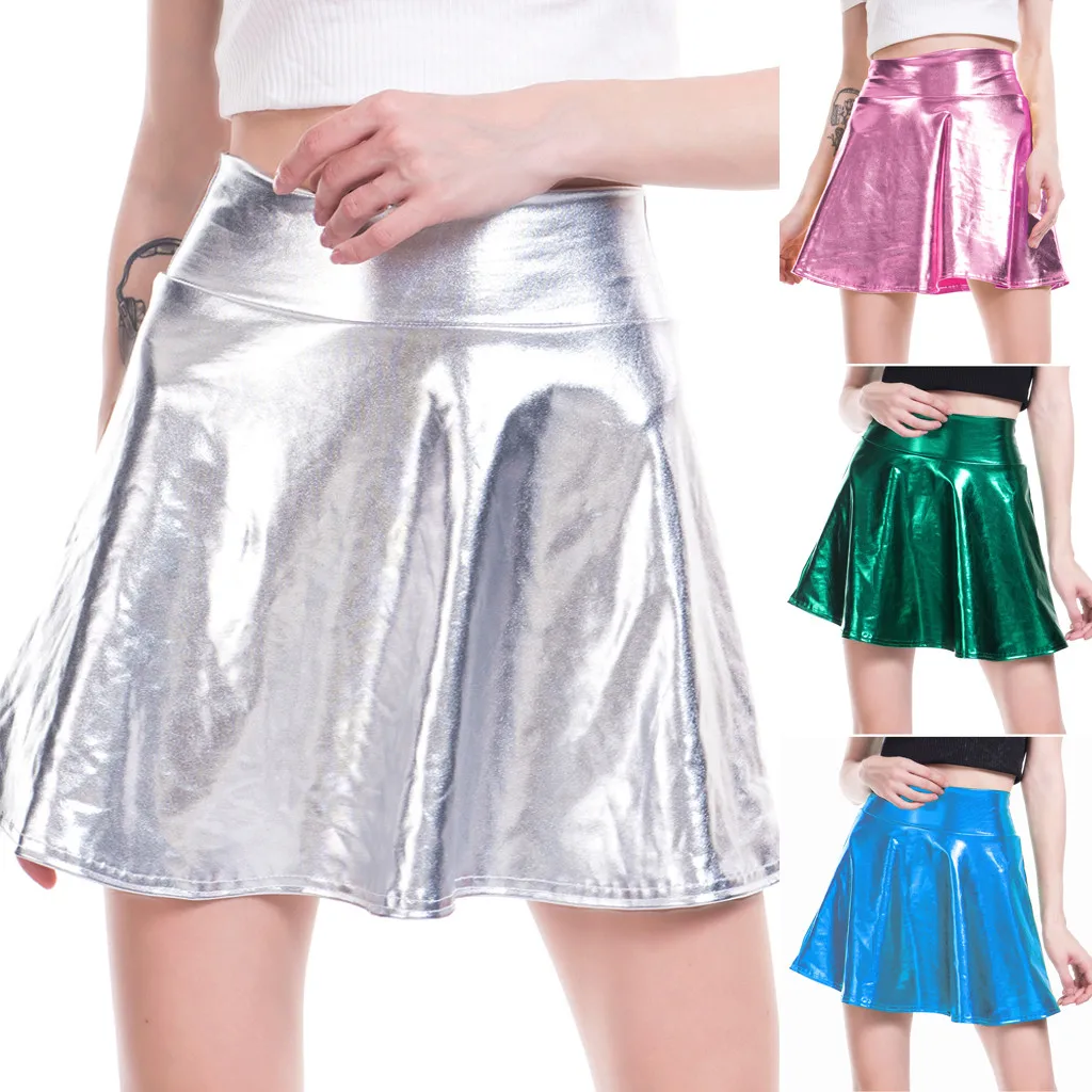 Girls' Fashion Bright High Street Casual Shiny Flared Pleated A-Line Mini Skirt Preppy Style Versatile Elastic High Waist Dress