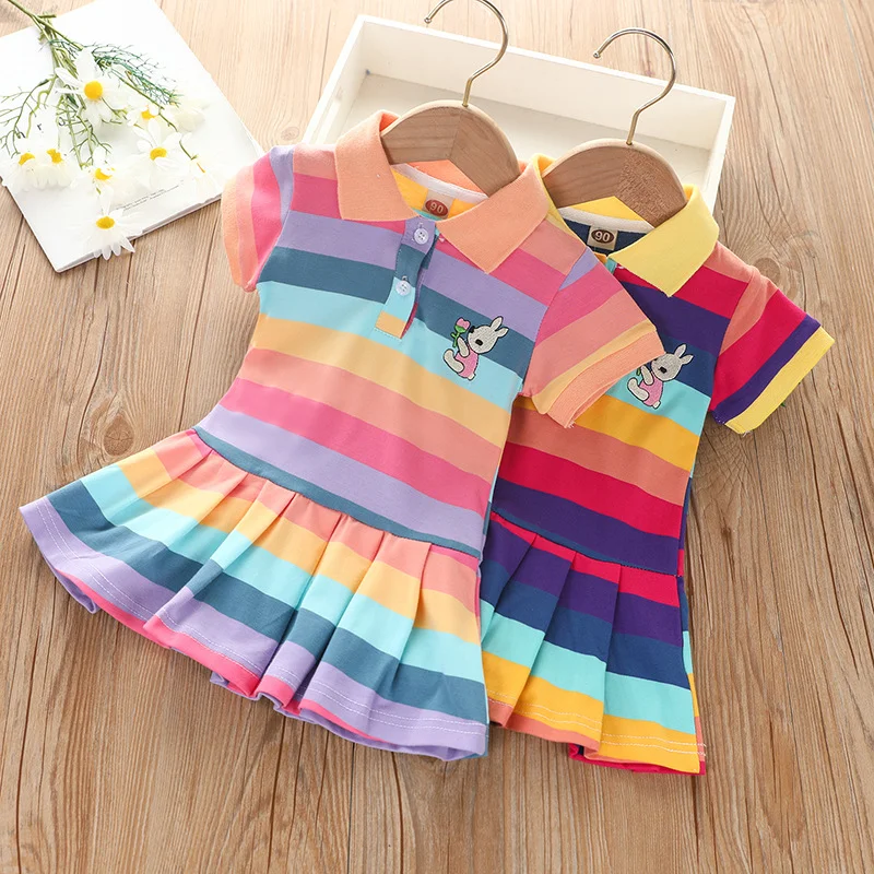Girl's Summer fashion cute short sleeve cartoon rabbit embroidered rainbow strip baby girl princess dress
