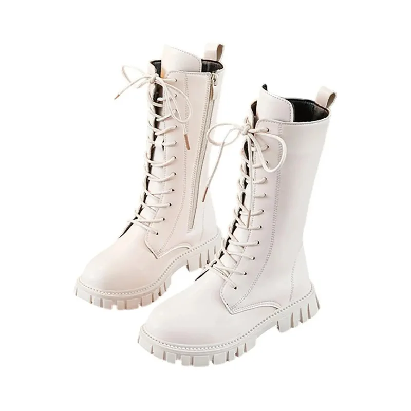 Girls White Lace-Up Boots Booties Side Zipper Soft Bottom Leather Dress/School Riding Boot Kids Autumn/Winter Fashion Mid Boots
