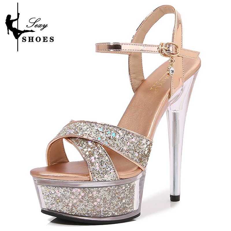 Glitter Sequin Champagne Shoes Platform Heels Super High Heel Party Wedding Banquet Women's Sandals Open Toe Clear Heel Stiletto