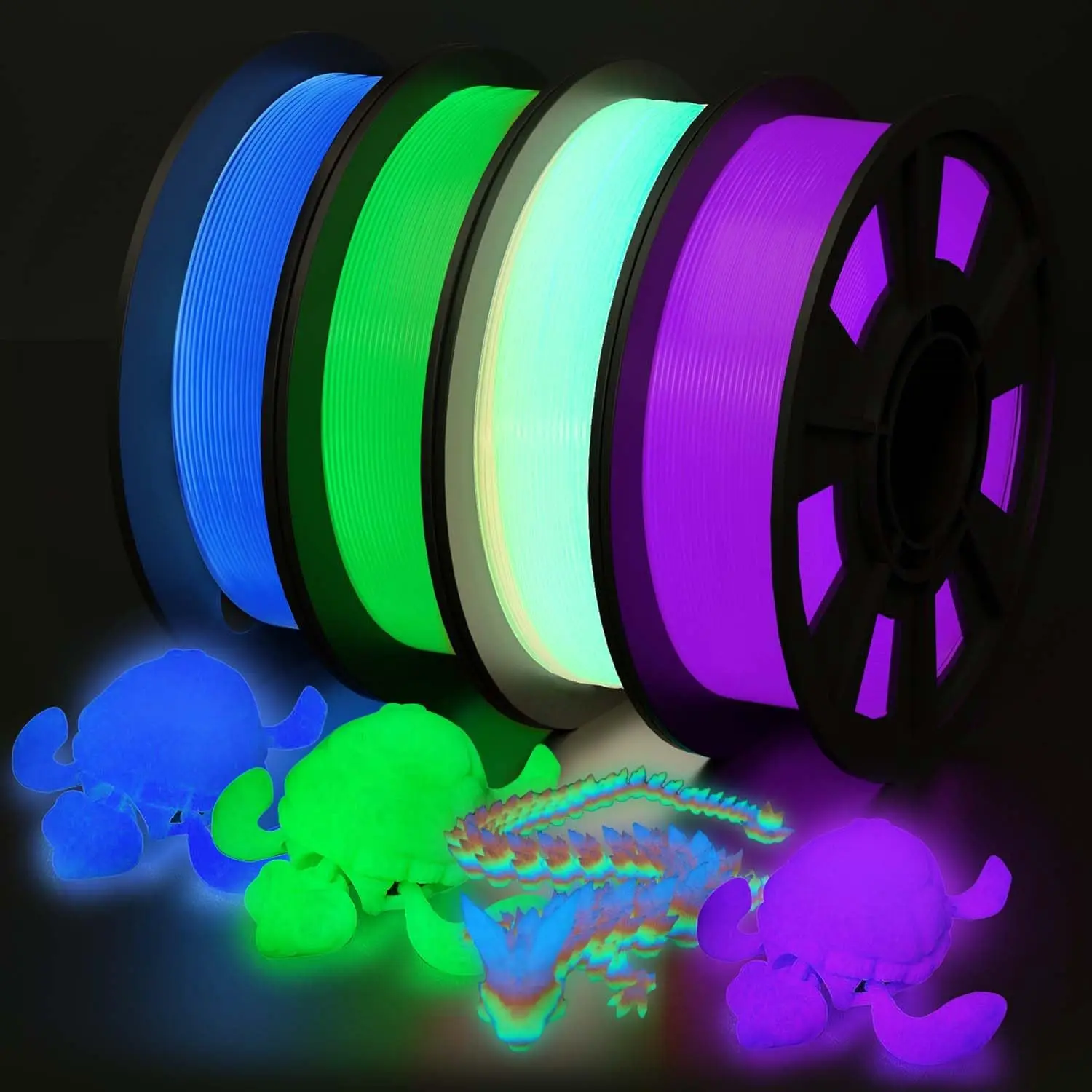 Glow in The Dark Filament Multicolor, Green, Blue, Purple and Rainbow, PLA Filament 1.75 mm, 3D Printer Filament Bundle,