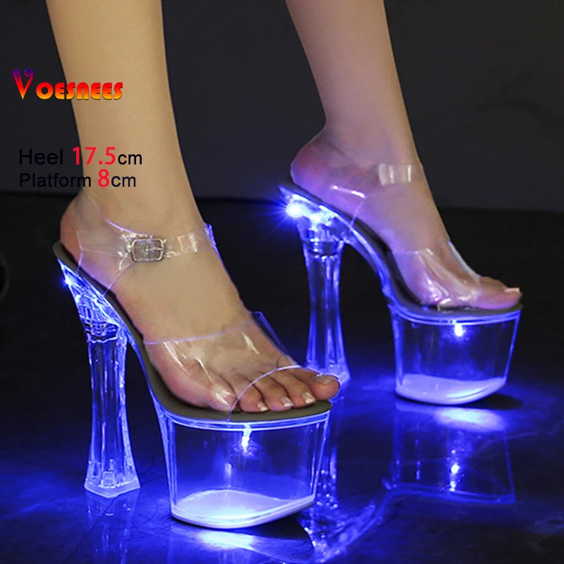 Glowing Sandals For Women 17.5CM Clear Heels Light Up Luminous Platform Stripper Pole Dance Shoes Summer Transparent PVC Shoes