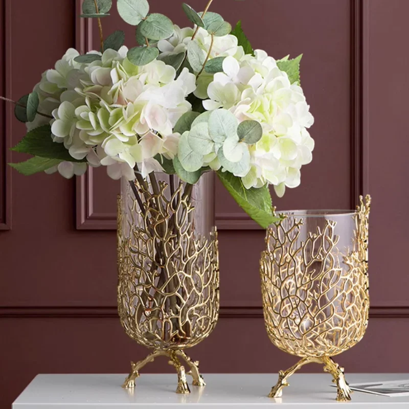 Gold Hollow Coral Vase Transparent Glass Vase Ornament Metal Rack Living Room Hydroponic Flower Arrangement Home Decoration
