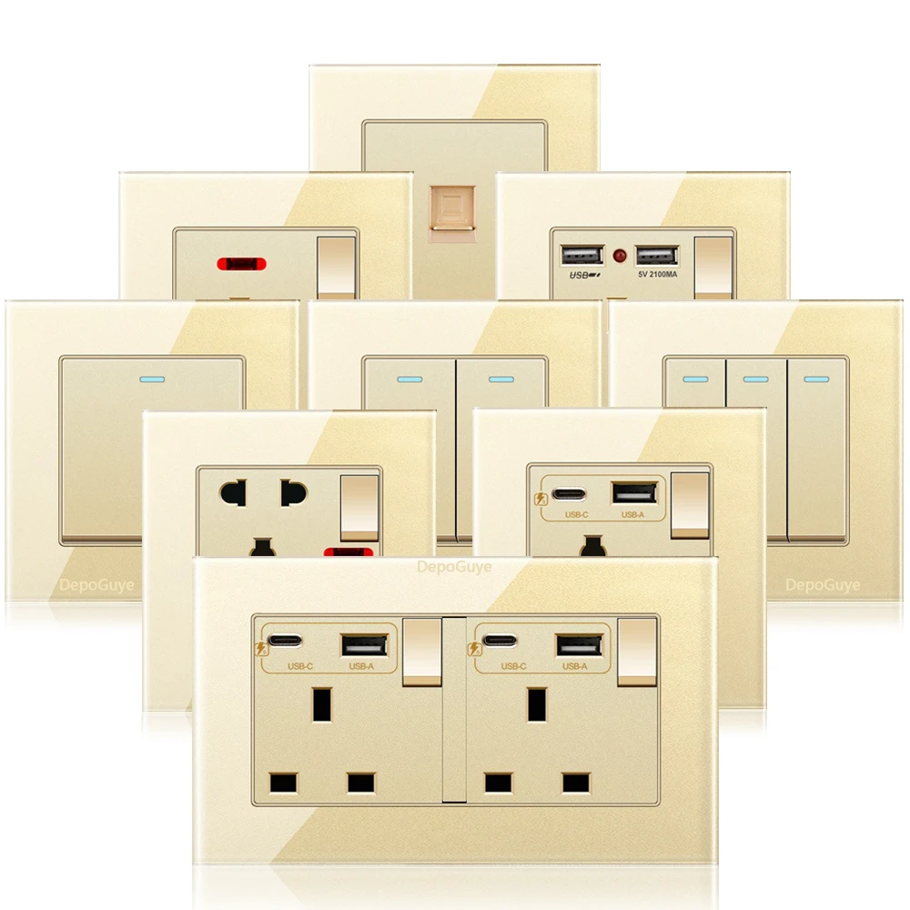 Gold Universal Tempered Glass Wall Socket,UK 13A power outlet with USB Type C 18W Quick Charge,Home Light Electric Switch Panel
