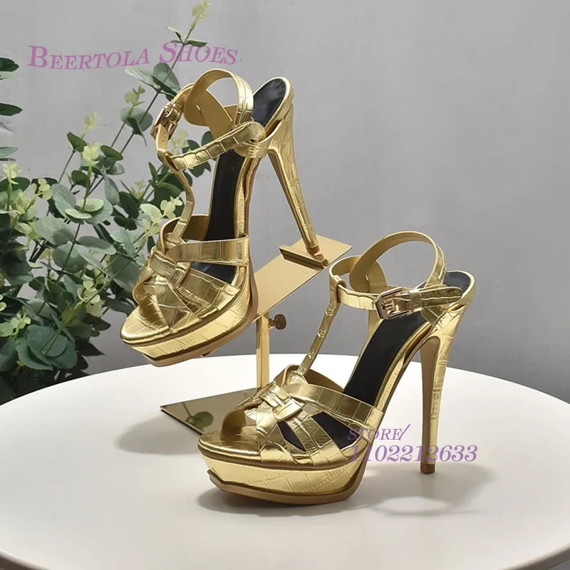 Golden Stone Ripples Heels 2026 Woman Black Leather Silver Stiletto Open Summer Platform Buckle Women Sandals Fashion 14cm Shoes