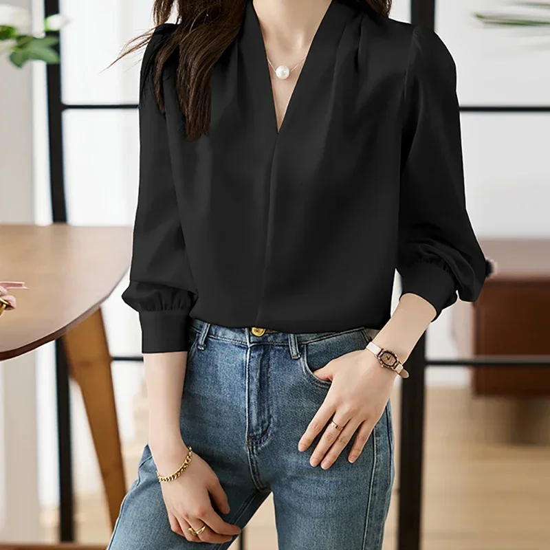 HELIAR Women Elegant Shirt V-neck Chiffon Blouse Loose Casual Long Sleeve Office Shirt Chic Female Party Pullovers Top Autumn