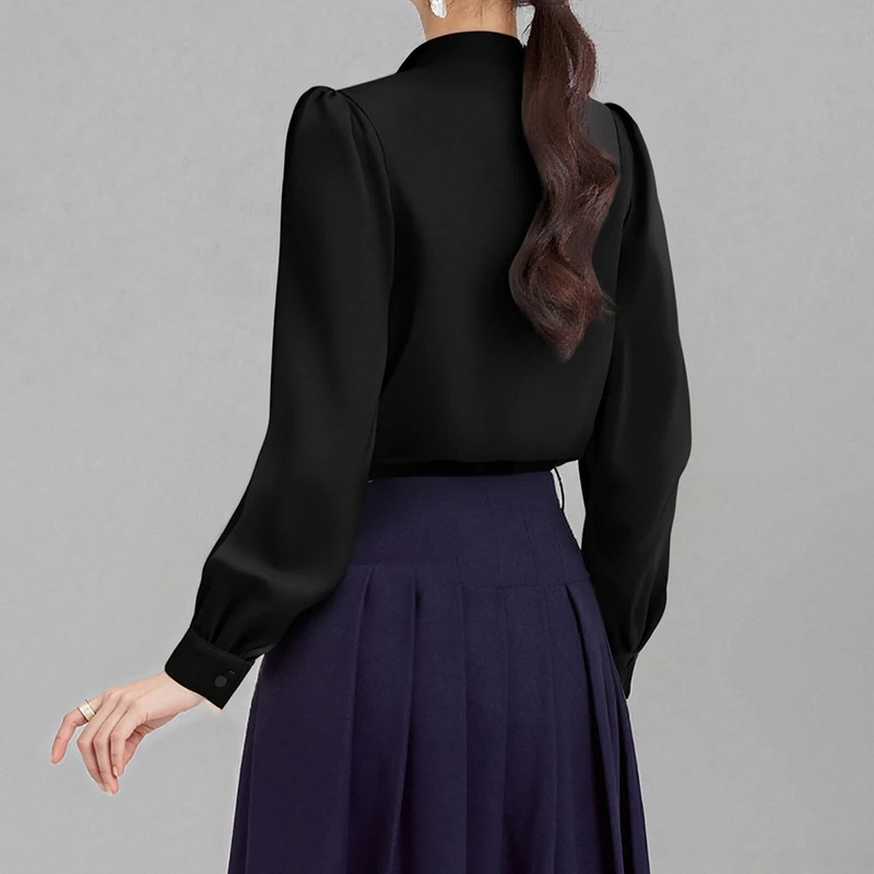 HELIAR Women Elegant Shirt V-neck Chiffon Blouse Loose Casual Long Sleeve Office Shirt Chic Female Party Pullovers Top Autumn