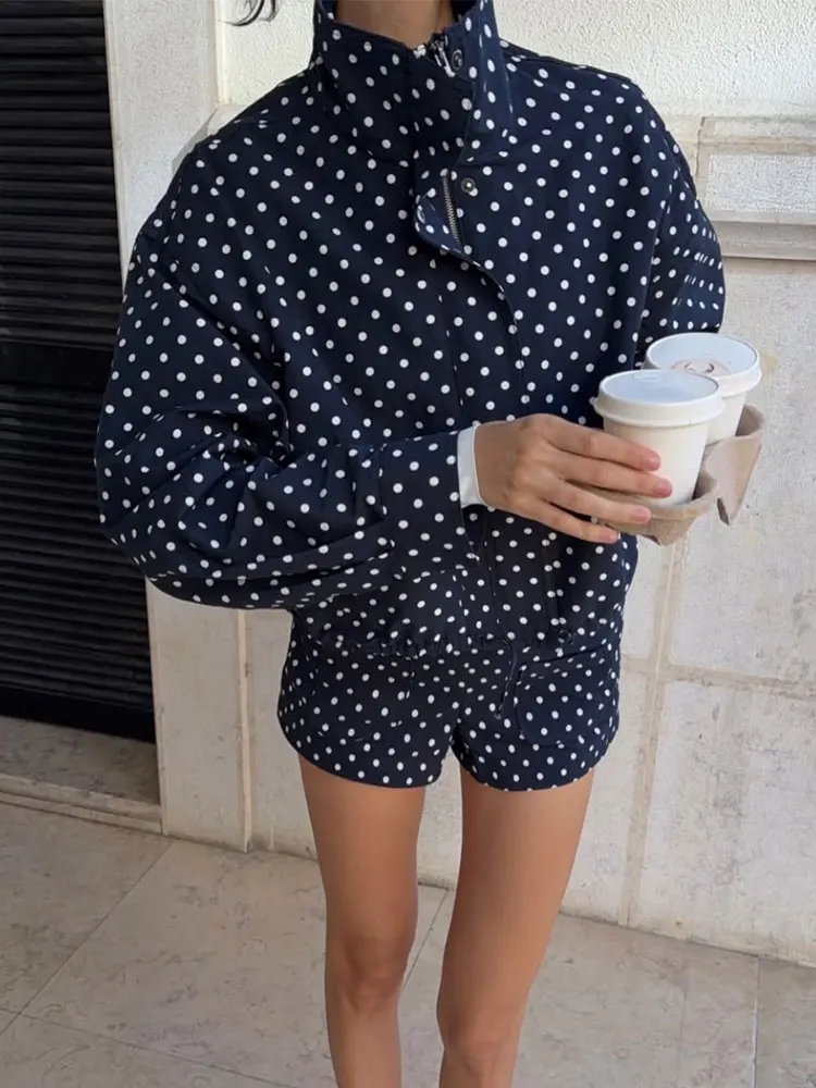 HH Polka Dot 2-Piece Set for Women Oversized High Neck Jakcet Coat & Slim High Waist Shorts Streetwear Casual Matching Outfit